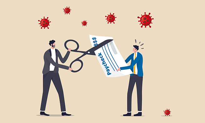 Two people cutting a big paycheck with a big scissor