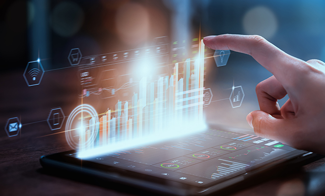 3d graphic hologram with hand touching a finger on it