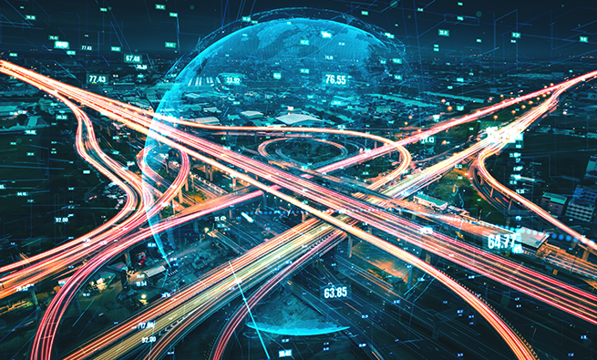 Earth globe behind railroads crossing