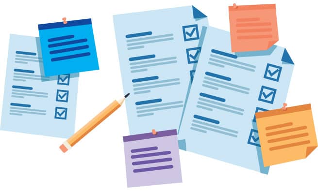 Many documents and sticky notes