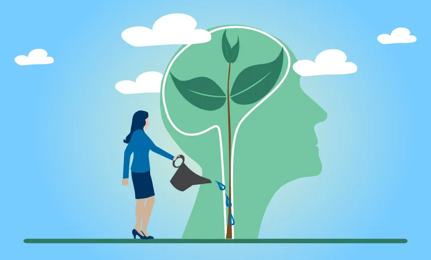 An illustration of a woman watering a plant growing superimposed over a person's head