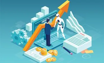 A robot and human shaking hands in front of a graph going up