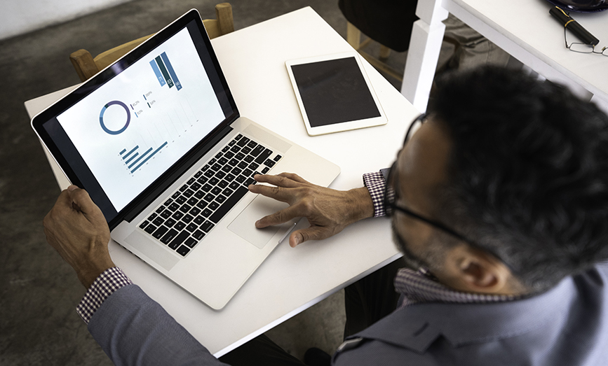 Man looking at chart on laptop