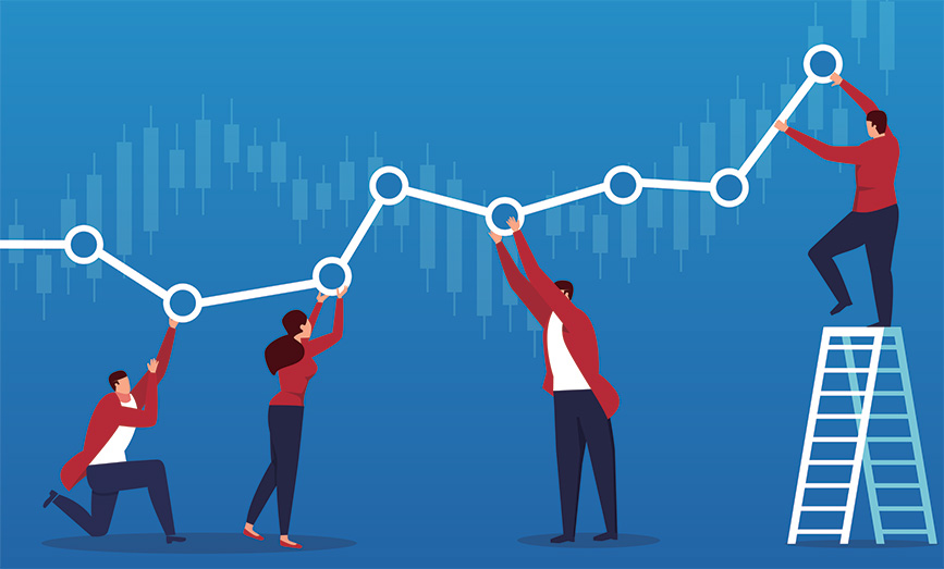 people holding up a line graph