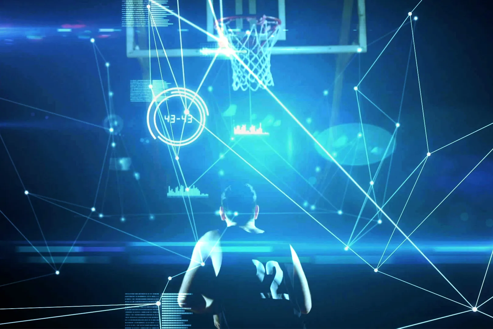 A basketball player attempting a shot with an overlay of graphs and data