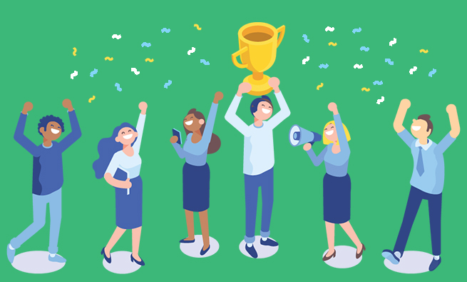 Group of people celebrating from trophy, while person in the middle holds up the trophy